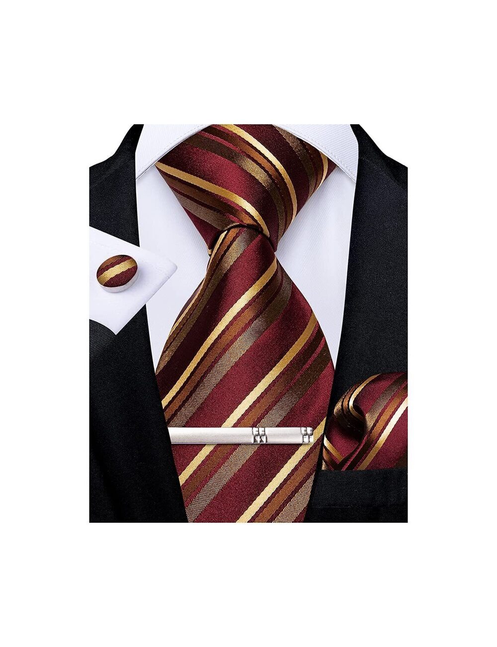 4085 Striped Tie Silk Woven Necktie and Pocket Square Cufflinks Tie Clip